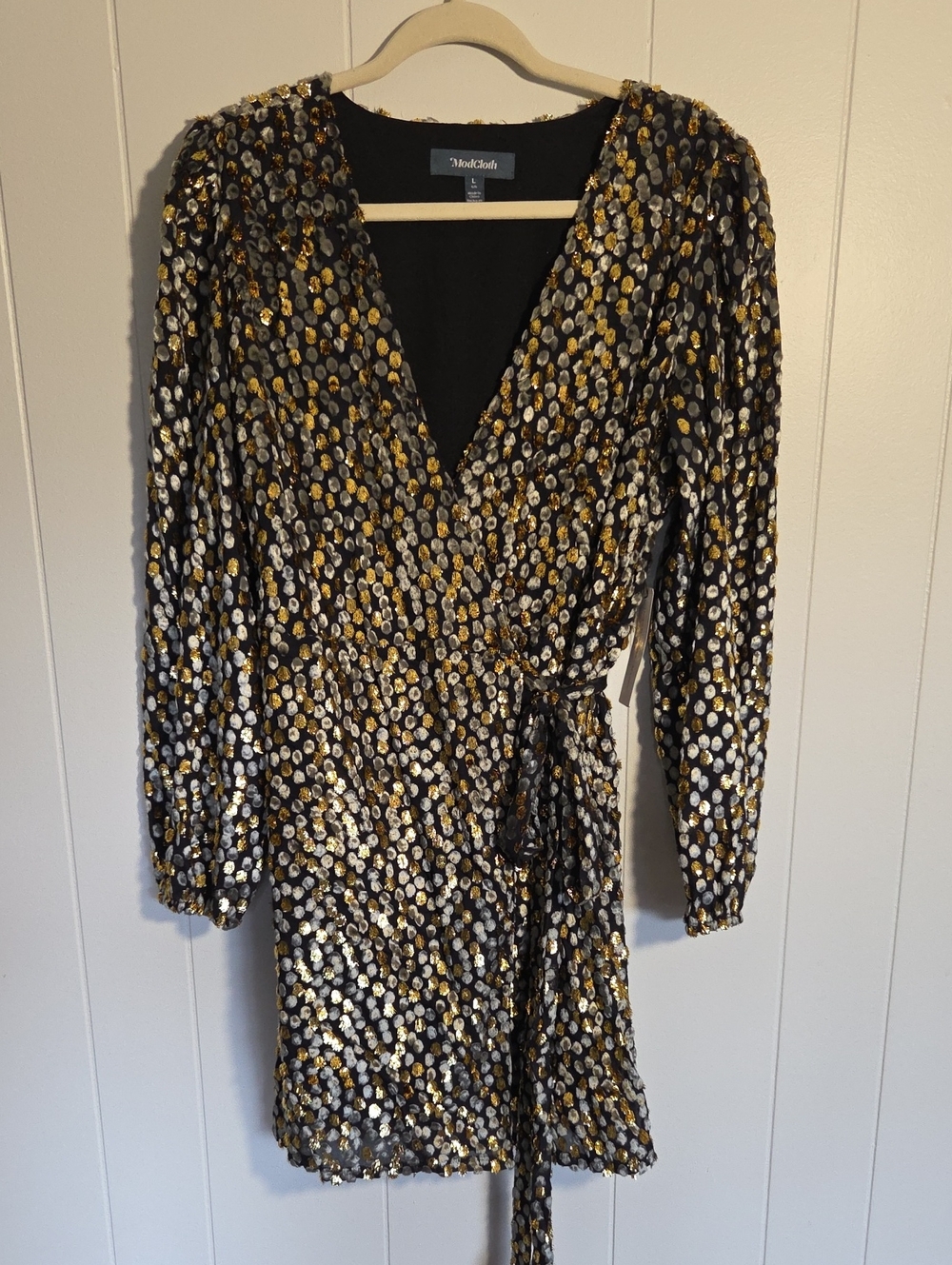 Modcloth Black Mini Wrap Dress with Gold and Silver Sequin Spots